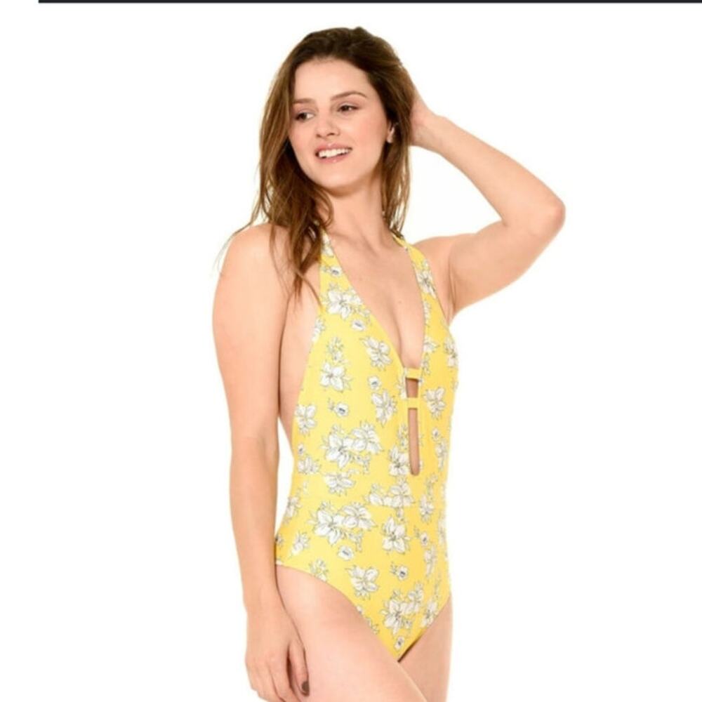 Abercrombie & Fitch Yellow Floral One Piece Halter Swimsuit Size: L